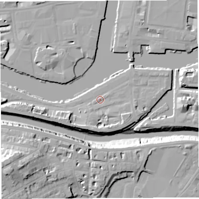 Shaded relief map of the ground around BS16ZA, computed from Environment Agency LiDAR. The ground here sits at about 9 m above sea level and falls 28 m across the surrounding 800 m. Surface water reaching this point runs off ground lying to the south-south-west, 6.0 m higher.