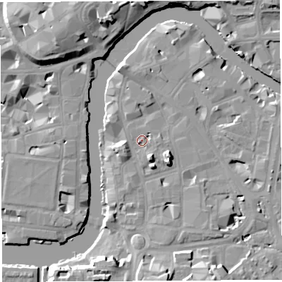 Shaded relief map of the ground around BS16ZB, computed from Environment Agency LiDAR. The ground here sits at about 9 m above sea level and falls 15 m across the surrounding 800 m. Surface water reaching this point runs off ground lying to the south-south-west, 13.2 m higher.