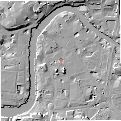 Shaded relief map of the ground around BS16ZD, computed from Environment Agency LiDAR. The ground here sits at about 9 m above sea level and falls 15 m across the surrounding 800 m. Surface water reaching this point runs off ground lying to the south, 1.1 m higher.