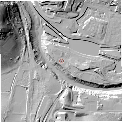 Shaded relief map of the ground around BS19XQ, computed from Environment Agency LiDAR. The ground here sits at about 9 m above sea level and falls 54 m across the surrounding 800 m. Surface water reaching this point runs off ground lying to the east-south-east, 6.2 m higher.