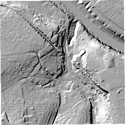 Shaded relief map of the ground around BS200AD, computed from Environment Agency LiDAR. The ground here sits at about 13 m above sea level and falls 38 m across the surrounding 800 m. Surface water reaching this point runs off ground lying to the south-west, 24.5 m higher.