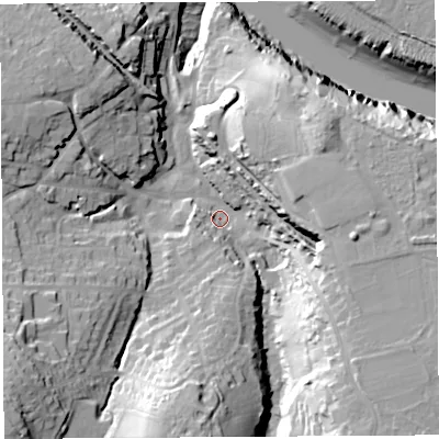 Shaded relief map of the ground around BS200AF, computed from Environment Agency LiDAR. The ground here sits at about 8 m above sea level and falls 41 m across the surrounding 800 m. Surface water reaching this point runs off ground lying to the east, 23.2 m higher.