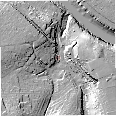 Shaded relief map of the ground around BS200AH, computed from Environment Agency LiDAR. The ground here sits at about 8 m above sea level and falls 39 m across the surrounding 800 m. Surface water reaching this point runs off ground lying to the south-west, 26.7 m higher.