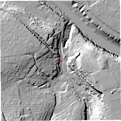 Shaded relief map of the ground around BS200AQ, computed from Environment Agency LiDAR. The ground here sits at about 8 m above sea level and falls 37 m across the surrounding 800 m. Surface water reaching this point runs off ground lying to the east-south-east, 23.6 m higher.