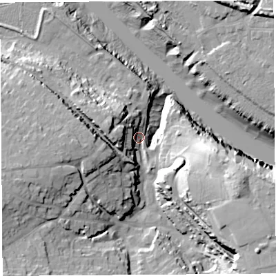Shaded relief map of the ground around BS200AS, computed from Environment Agency LiDAR. The ground here sits at about 9 m above sea level and falls 36 m across the surrounding 800 m. Surface water reaching this point runs off ground lying to the south-east, 25.1 m higher.