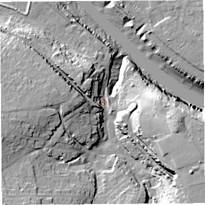 Shaded relief map of the ground around BS200AT, computed from Environment Agency LiDAR. The ground here sits at about 9 m above sea level and falls 36 m across the surrounding 800 m. Surface water reaching this point runs off ground lying to the south-east, 23.6 m higher.