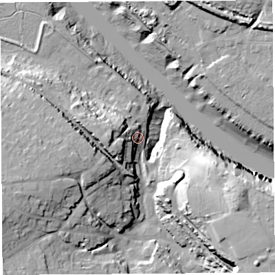 Shaded relief map of the ground around BS200AU, computed from Environment Agency LiDAR. The ground here sits at about 11 m above sea level and falls 36 m across the surrounding 800 m. Surface water reaching this point runs off ground lying to the west, 15.5 m higher.