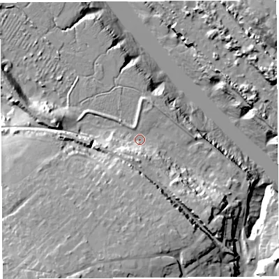 Shaded relief map of the ground around BS200BB, computed from Environment Agency LiDAR. The ground here sits at about 9 m above sea level and falls 33 m across the surrounding 800 m. Surface water reaching this point runs off ground lying to the south, 19.3 m higher.