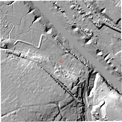 Shaded relief map of the ground around BS200BD, computed from Environment Agency LiDAR. The ground here sits at about 8 m above sea level and falls 33 m across the surrounding 800 m. Surface water reaching this point runs off ground lying to the south-south-west, 19.3 m higher.