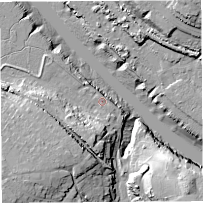 Shaded relief map of the ground around BS200BE, computed from Environment Agency LiDAR. The ground here sits at about 8 m above sea level and falls 35 m across the surrounding 800 m. Surface water reaching this point runs off ground lying to the south-south-west, 15.0 m higher.