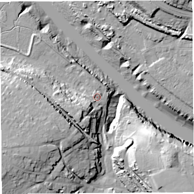 Shaded relief map of the ground around BS200BG, computed from Environment Agency LiDAR. The ground here sits at about 9 m above sea level and falls 35 m across the surrounding 800 m. Surface water reaching this point runs off ground lying to the south-west, 12.6 m higher.
