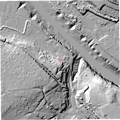 Shaded relief map of the ground around BS200BH, computed from Environment Agency LiDAR. The ground here sits at about 11 m above sea level and falls 35 m across the surrounding 800 m. Surface water reaching this point runs off ground lying to the south-south-west, 13.5 m higher.