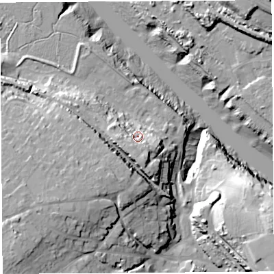 Shaded relief map of the ground around BS200BJ, computed from Environment Agency LiDAR. The ground here sits at about 17 m above sea level and falls 35 m across the surrounding 800 m. Surface water reaching this point runs off ground lying to the south, 7.6 m higher.