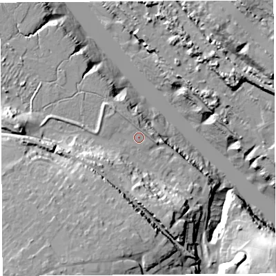 Shaded relief map of the ground around BS200BL, computed from Environment Agency LiDAR. The ground here sits at about 9 m above sea level and falls 32 m across the surrounding 800 m. Surface water reaching this point runs off ground lying to the south-south-west, 19.3 m higher.