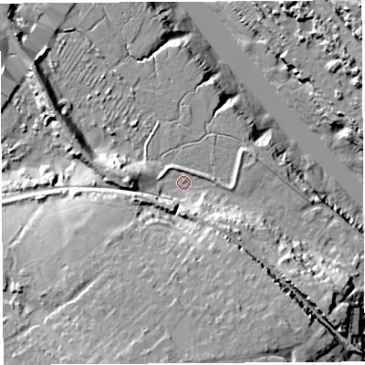 Shaded relief map of the ground around BS200BN, computed from Environment Agency LiDAR. The ground here sits at about 9 m above sea level and falls 32 m across the surrounding 800 m. Surface water reaching this point runs off ground lying to the south, 19.3 m higher.