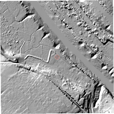 Shaded relief map of the ground around BS200BP, computed from Environment Agency LiDAR. The ground here sits at about 9 m above sea level and falls 32 m across the surrounding 800 m. Surface water reaching this point runs off ground lying to the south-south-west, 18.8 m higher.