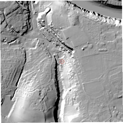 Shaded relief map of the ground around BS200DJ, computed from Environment Agency LiDAR. The ground here sits at about 10 m above sea level and falls 42 m across the surrounding 800 m. Surface water reaching this point runs off ground lying to the south-south-east, 27.8 m higher.
