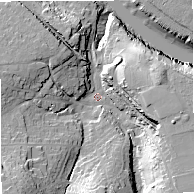 Shaded relief map of the ground around BS200EJ, computed from Environment Agency LiDAR. The ground here sits at about 8 m above sea level and falls 42 m across the surrounding 800 m. Surface water reaching this point runs off ground lying to the south-west, 28.7 m higher.