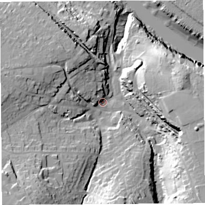 Shaded relief map of the ground around BS200EL, computed from Environment Agency LiDAR. The ground here sits at about 10 m above sea level and falls 42 m across the surrounding 800 m. Surface water reaching this point runs off ground lying to the south-west, 29.0 m higher.