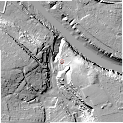 Shaded relief map of the ground around BS200EN, computed from Environment Agency LiDAR. The ground here sits at about 9 m above sea level and falls 36 m across the surrounding 800 m. Surface water reaching this point runs off ground lying to the south-east, 21.9 m higher.