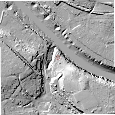 Shaded relief map of the ground around BS200EP, computed from Environment Agency LiDAR. The ground here sits at about 8 m above sea level and falls 36 m across the surrounding 800 m. Surface water reaching this point runs off ground lying to the south-east, 16.0 m higher.