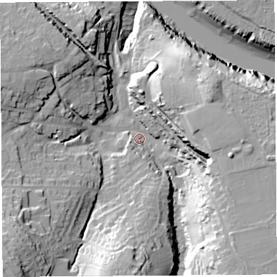 Shaded relief map of the ground around BS200EU, computed from Environment Agency LiDAR. The ground here sits at about 9 m above sea level and falls 42 m across the surrounding 800 m. Surface water reaching this point runs off ground lying to the east, 23.4 m higher.