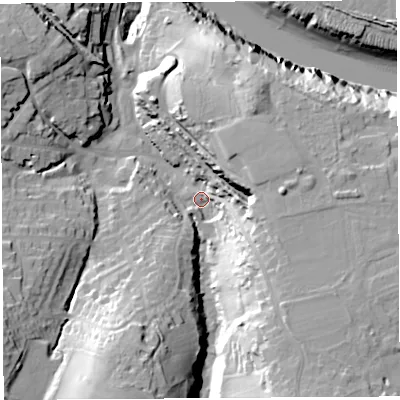 Shaded relief map of the ground around BS200EZ, computed from Environment Agency LiDAR. The ground here sits at about 10 m above sea level and falls 41 m across the surrounding 800 m. Surface water reaching this point runs off ground lying to the south-south-west, 27.6 m higher.