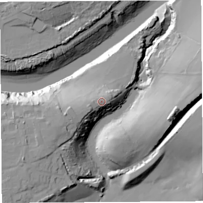 Shaded relief map of the ground around BS200HJ, computed from Environment Agency LiDAR. The ground here sits at about 23 m above sea level and falls 37 m across the surrounding 800 m. Surface water reaching this point runs off ground lying to the west-south-west, 2.7 m higher.