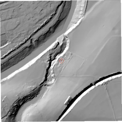 Shaded relief map of the ground around BS200HL, computed from Environment Agency LiDAR. The ground here sits at about 12 m above sea level and falls 38 m across the surrounding 800 m. Surface water reaching this point runs off ground lying to the east-south-east, 16.4 m higher.