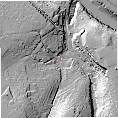 Shaded relief map of the ground around BS200HT, computed from Environment Agency LiDAR. The ground here sits at about 10 m above sea level and falls 43 m across the surrounding 800 m. Surface water reaching this point runs off ground lying to the south-west, 28.2 m higher.