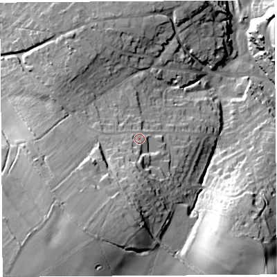 Shaded relief map of the ground around BS200JP, computed from Environment Agency LiDAR. The ground here sits at about 25 m above sea level and falls 37 m across the surrounding 800 m. Surface water reaching this point runs off ground lying to the south-south-west, 15.6 m higher.