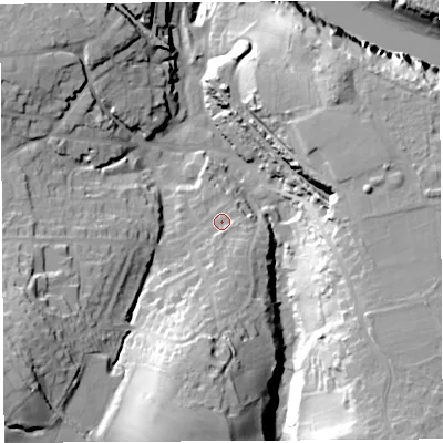 Shaded relief map of the ground around BS200JS, computed from Environment Agency LiDAR. The ground here sits at about 15 m above sea level and falls 42 m across the surrounding 800 m. Surface water reaching this point runs off ground lying to the south, 5.6 m higher.