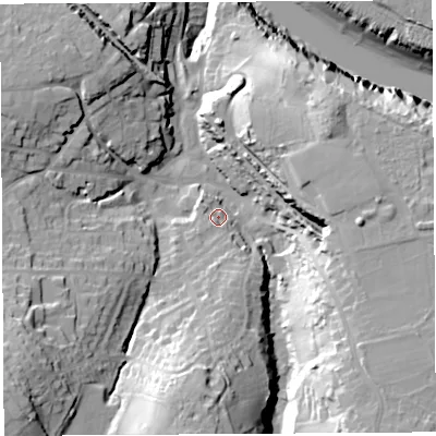 Shaded relief map of the ground around BS200JU, computed from Environment Agency LiDAR. The ground here sits at about 12 m above sea level and falls 42 m across the surrounding 800 m. Surface water reaching this point runs off ground lying to the south-south-west, 5.3 m higher.