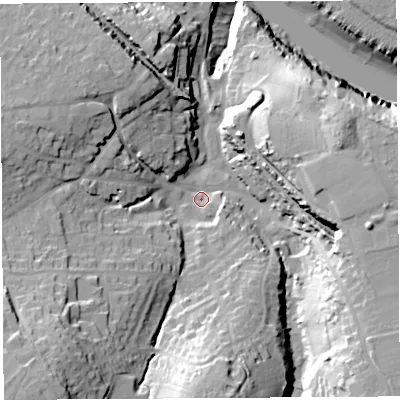 Shaded relief map of the ground around BS200NG, computed from Environment Agency LiDAR. The ground here sits at about 10 m above sea level and falls 43 m across the surrounding 800 m. Surface water reaching this point runs off ground lying to the south-west, 29.0 m higher.