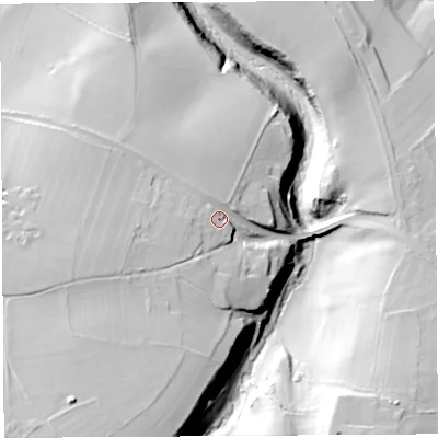 Shaded relief map of the ground around BS200QH, computed from Environment Agency LiDAR. The ground here sits at about 48 m above sea level and falls 49 m across the surrounding 800 m. Surface water reaching this point runs off ground lying to the west-south-west, 10.4 m higher.