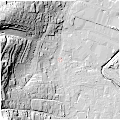 Shaded relief map of the ground around BS206AA, computed from Environment Agency LiDAR. The ground here sits at about 6 m above sea level and falls 53 m across the surrounding 800 m. Surface water reaching this point runs off ground lying to the south-west, 47.9 m higher.