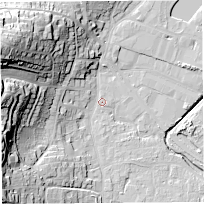Shaded relief map of the ground around BS206AB, computed from Environment Agency LiDAR. The ground here sits at about 7 m above sea level and falls 50 m across the surrounding 800 m. Surface water reaching this point runs off ground lying to the west-north-west, 47.3 m higher.