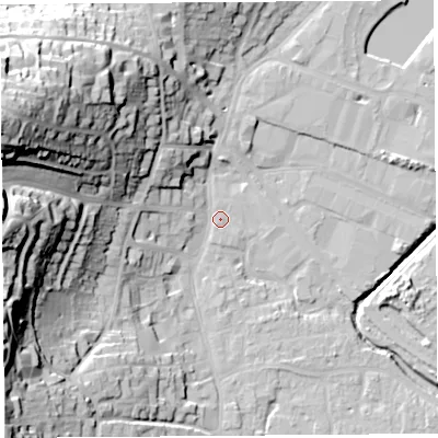 Shaded relief map of the ground around BS206AE, computed from Environment Agency LiDAR. The ground here sits at about 7 m above sea level and falls 50 m across the surrounding 800 m. Surface water reaching this point runs off ground lying to the west-north-west, 47.0 m higher.