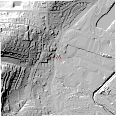 Shaded relief map of the ground around BS206AF, computed from Environment Agency LiDAR. The ground here sits at about 6 m above sea level and falls 49 m across the surrounding 800 m. Surface water reaching this point runs off ground lying to the west-north-west, 36.8 m higher.