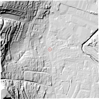 Shaded relief map of the ground around BS206AG, computed from Environment Agency LiDAR. The ground here sits at about 7 m above sea level and falls 58 m across the surrounding 800 m. Surface water reaching this point runs off ground lying to the south-west, 51.8 m higher.