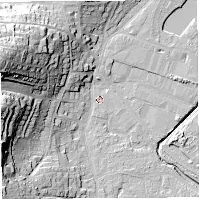 Shaded relief map of the ground around BS206AH, computed from Environment Agency LiDAR. The ground here sits at about 7 m above sea level and falls 48 m across the surrounding 800 m. Surface water reaching this point runs off ground lying to the west-north-west, 36.8 m higher.