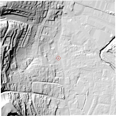 Shaded relief map of the ground around BS206AJ, computed from Environment Agency LiDAR. The ground here sits at about 7 m above sea level and falls 61 m across the surrounding 800 m. Surface water reaching this point runs off ground lying to the south-west, 57.5 m higher.