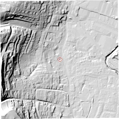 Shaded relief map of the ground around BS206AL, computed from Environment Agency LiDAR. The ground here sits at about 7 m above sea level and falls 63 m across the surrounding 800 m. Surface water reaching this point runs off ground lying to the south-west, 59.4 m higher.