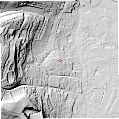 Shaded relief map of the ground around BS206AN, computed from Environment Agency LiDAR. The ground here sits at about 14 m above sea level and falls 66 m across the surrounding 800 m. Surface water reaching this point runs off ground lying to the west-south-west, 6.9 m higher.
