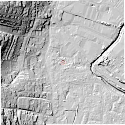 Shaded relief map of the ground around BS206AQ, computed from Environment Agency LiDAR. The ground here sits at about 7 m above sea level and falls 44 m across the surrounding 800 m. Surface water reaching this point runs off ground lying to the south-south-east, 1.3 m higher.
