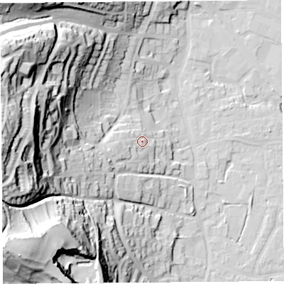 Shaded relief map of the ground around BS206AW, computed from Environment Agency LiDAR. The ground here sits at about 15 m above sea level and falls 67 m across the surrounding 800 m. Surface water reaching this point runs off ground lying to the west-south-west, 7.1 m higher.