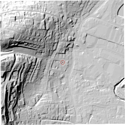 Shaded relief map of the ground around BS206BJ, computed from Environment Agency LiDAR. The ground here sits at about 9 m above sea level and falls 57 m across the surrounding 800 m. Surface water reaching this point runs off ground lying to the west, 47.4 m higher.