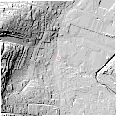 Shaded relief map of the ground around BS206BL, computed from Environment Agency LiDAR. The ground here sits at about 7 m above sea level and falls 52 m across the surrounding 800 m. Surface water reaching this point runs off ground lying to the west-north-west, 48.8 m higher.