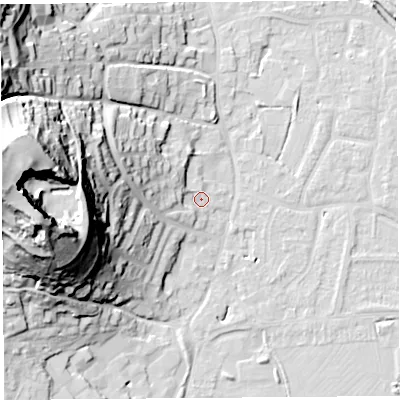 Shaded relief map of the ground around BS206BN, computed from Environment Agency LiDAR. The ground here sits at about 8 m above sea level and falls 60 m across the surrounding 800 m. Surface water reaching this point runs off ground lying to the west, 34.3 m higher.