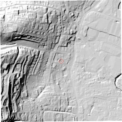 Shaded relief map of the ground around BS206BQ, computed from Environment Agency LiDAR. The ground here sits at about 9 m above sea level and falls 60 m across the surrounding 800 m. Surface water reaching this point runs off ground lying to the west, 51.6 m higher.
